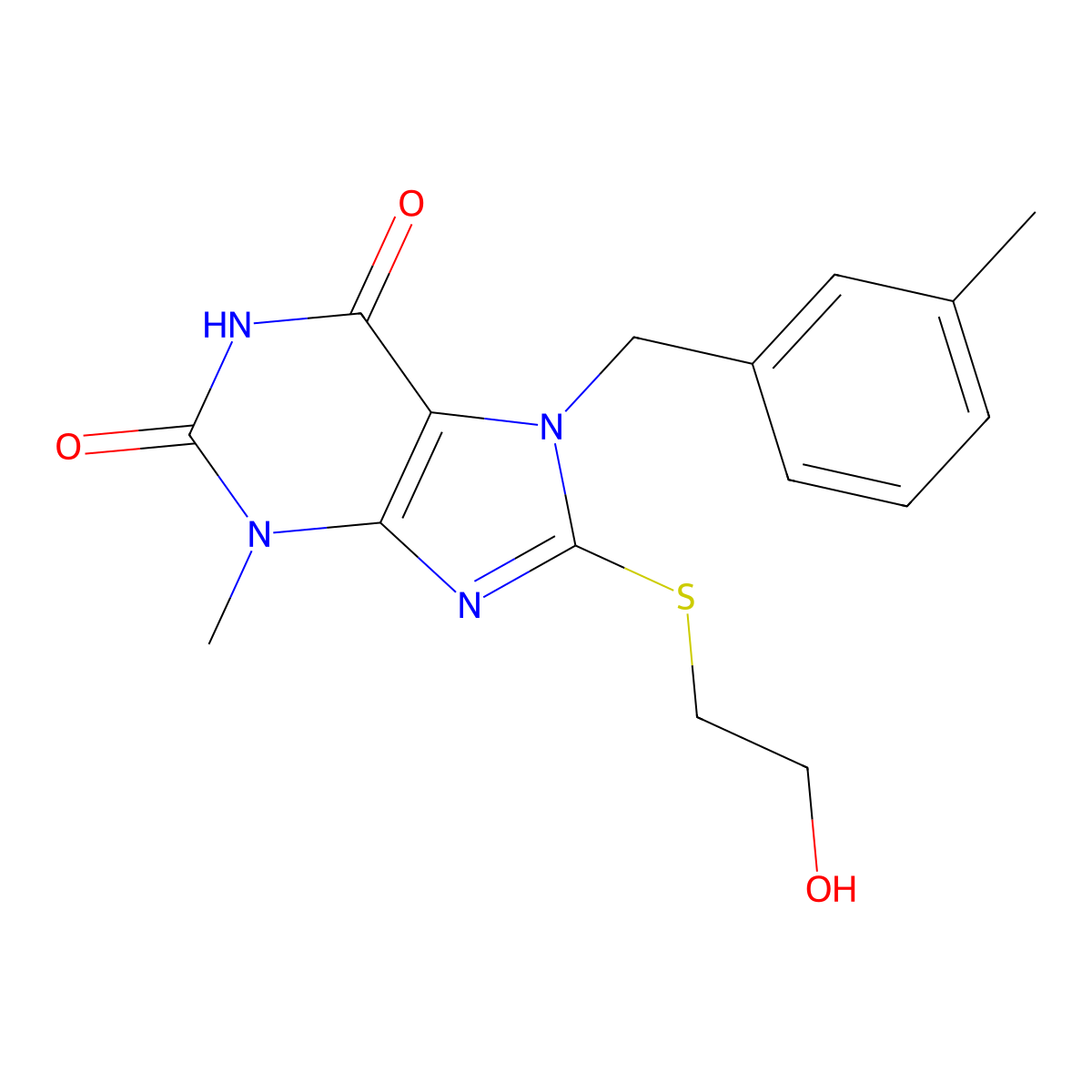 8-((2-hydroxyethyl)thio)-3-methyl-7-(3-methylbenzyl)-1H-purine-2,6(3H,7H)-dione molecular structure, CAS 303973-41-3