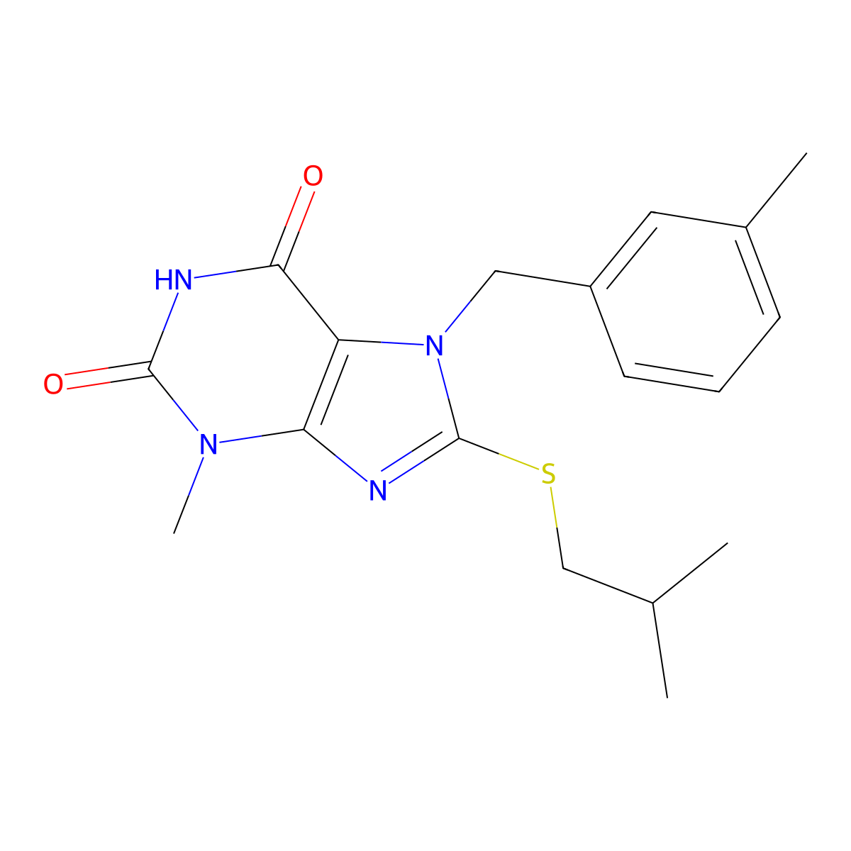 8-(isobutylthio)-3-methyl-7-(3-methylbenzyl)-1H-purine-2,6(3H,7H)-dione molecular structure, CAS 303973-44-6