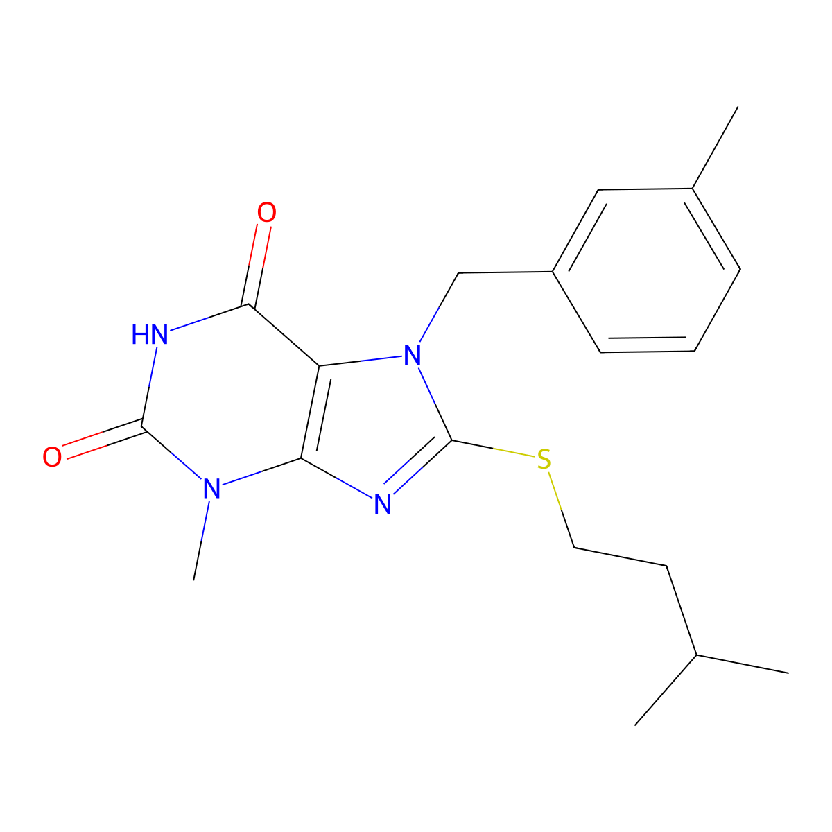 3-Methyl-8-(3-methylbutylsulfanyl)-7-[(3-methylphenyl)methyl]purine-2,6-dione molecular structure, CAS 303973-45-7