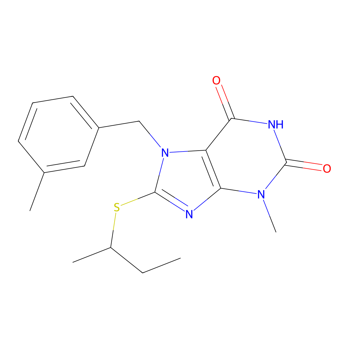 8-(sec-butylsulfanyl)-3-methyl-7-(3-methylbenzyl)-3,7-dihydro-1H-purine-2,6-dione molecular structure, CAS 303973-46-8