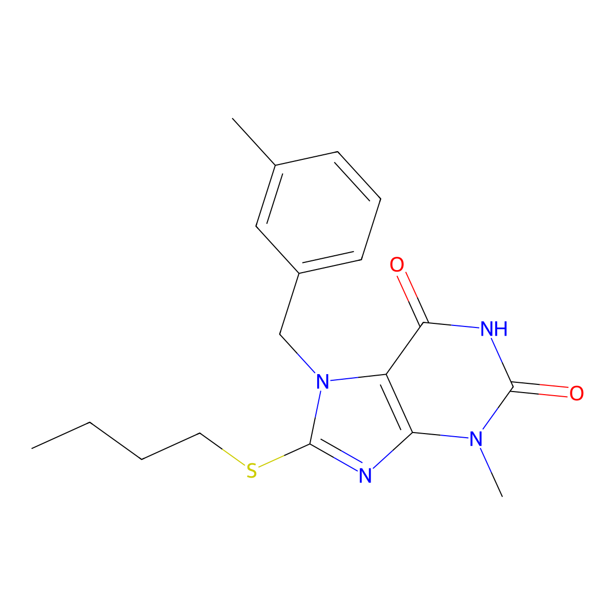 8-(butylsulfanyl)-3-methyl-7-(3-methylbenzyl)-3,7-dihydro-1H-purine-2,6-dione molecular structure, CAS 303973-49-1