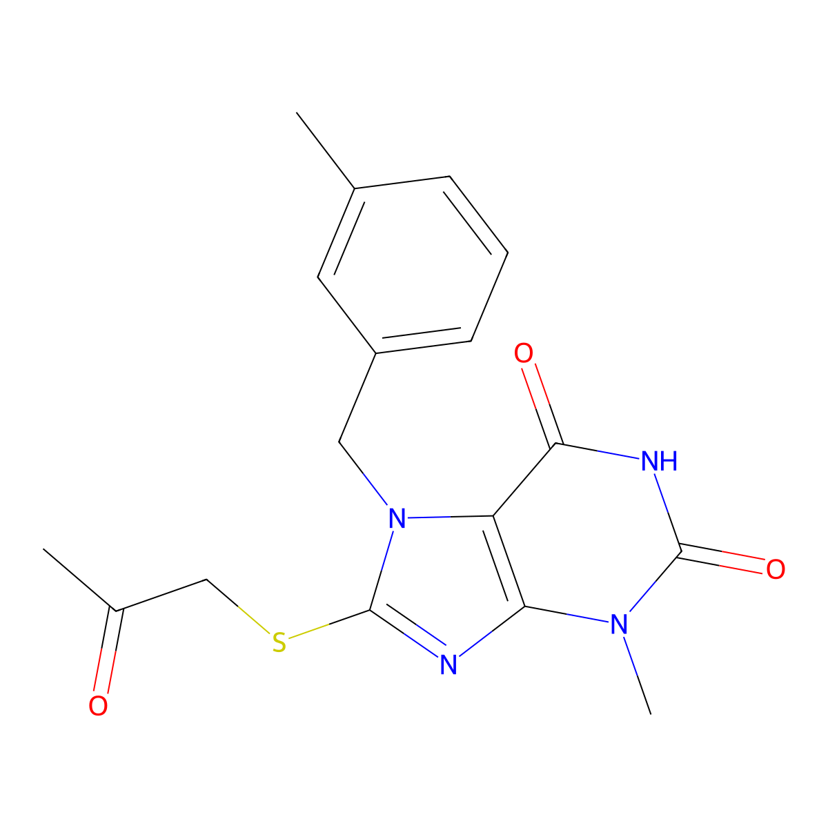 3-methyl-7-(3-methylbenzyl)-8-((2-oxopropyl)thio)-1H-purine-2,6(3H,7H)-dione molecular structure, CAS 303973-50-4