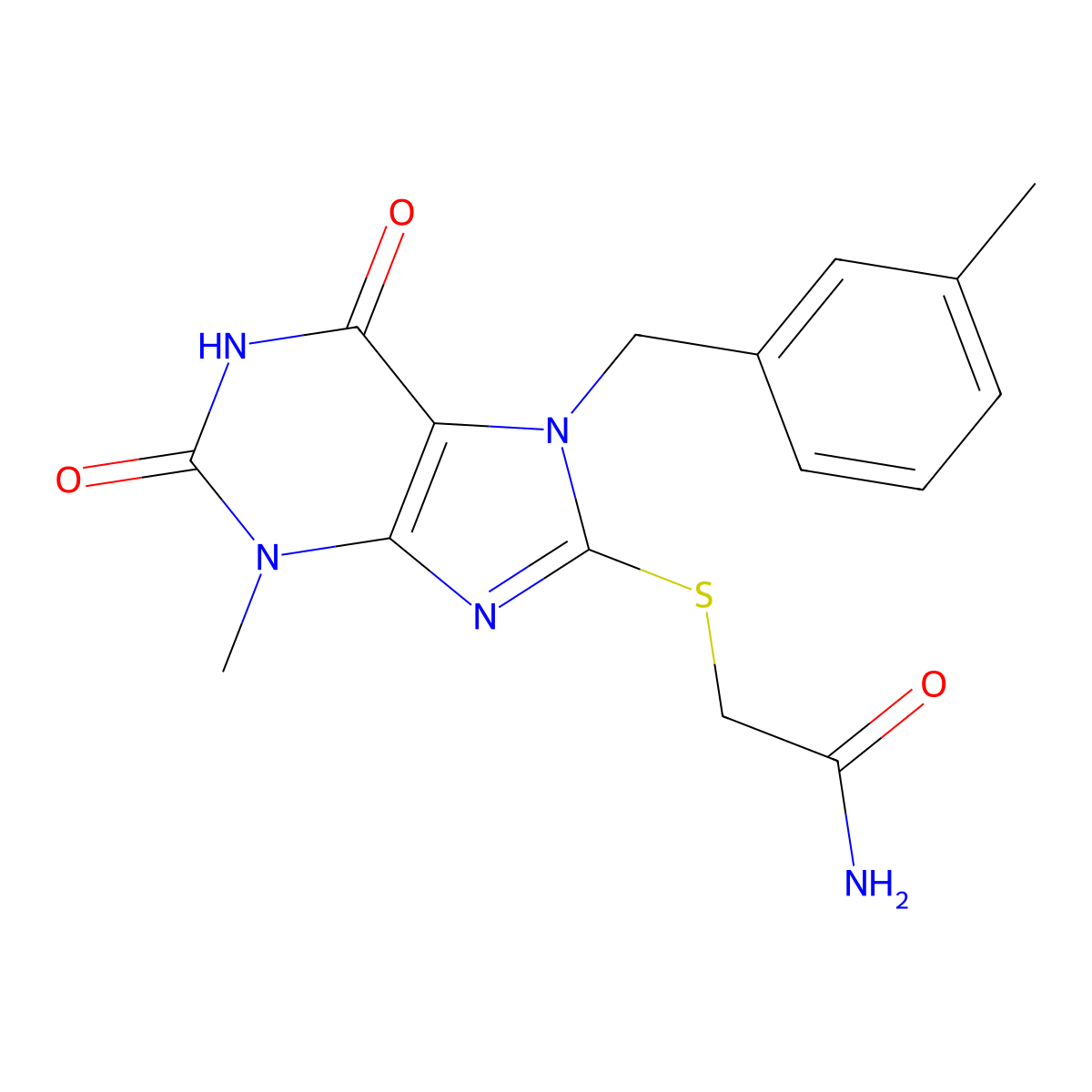 2-((3-methyl-7-(3-methylbenzyl)-2,6-dioxo-2,3,6,7-tetrahydro-1H-purin-8-yl)thio)acetamide molecular structure, CAS 303973-52-6