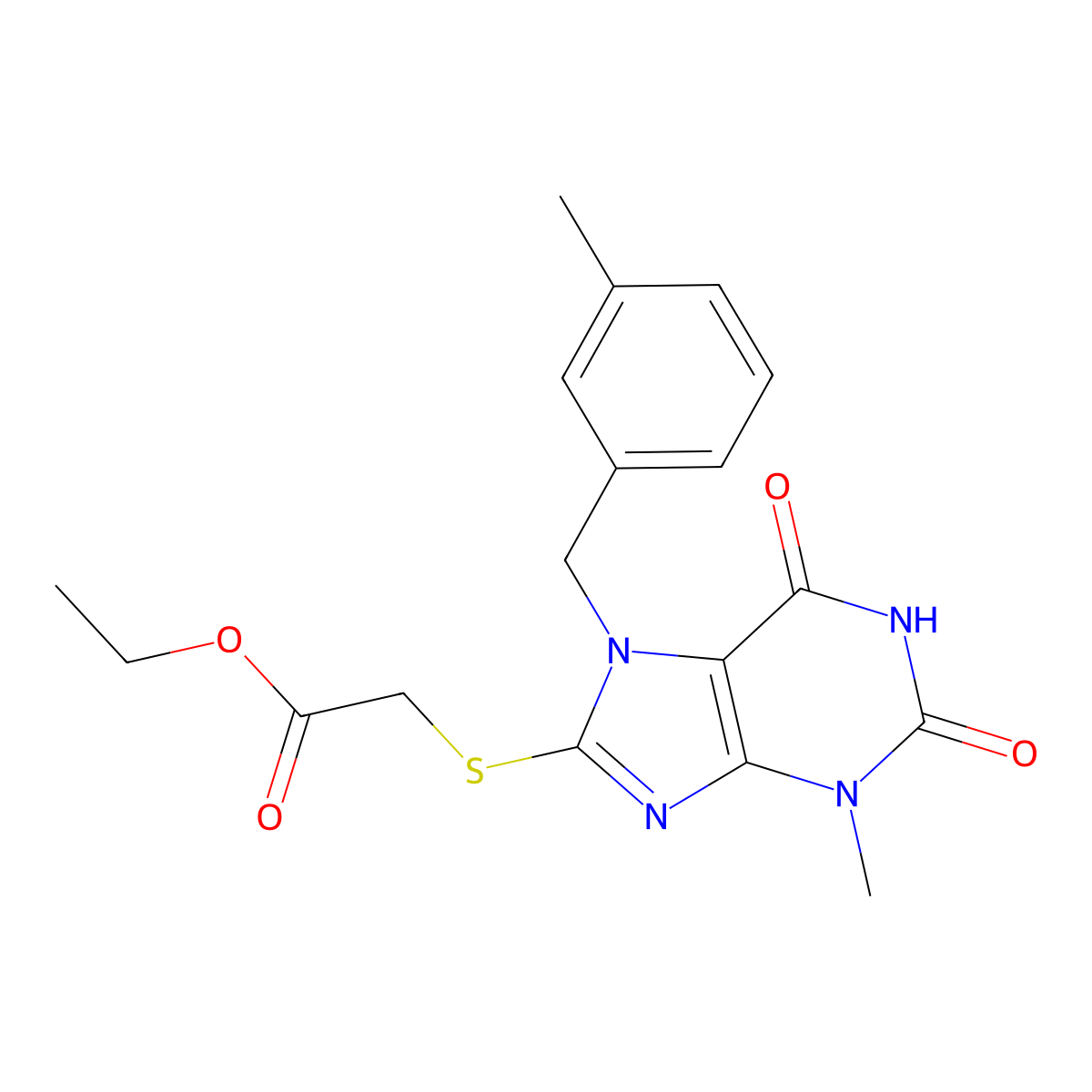 Ethyl 2-[3-methyl-7-[(3-methylphenyl)methyl]-2,6-dioxopurin-8-yl]sulfanylacetate molecular structure, CAS 303973-54-8