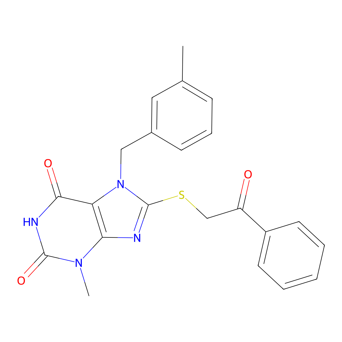 3-methyl-7-(3-methylbenzyl)-8-((2-oxo-2-phenylethyl)thio)-1H-purine-2,6(3H,7H)-dione molecular structure, CAS 303973-56-0