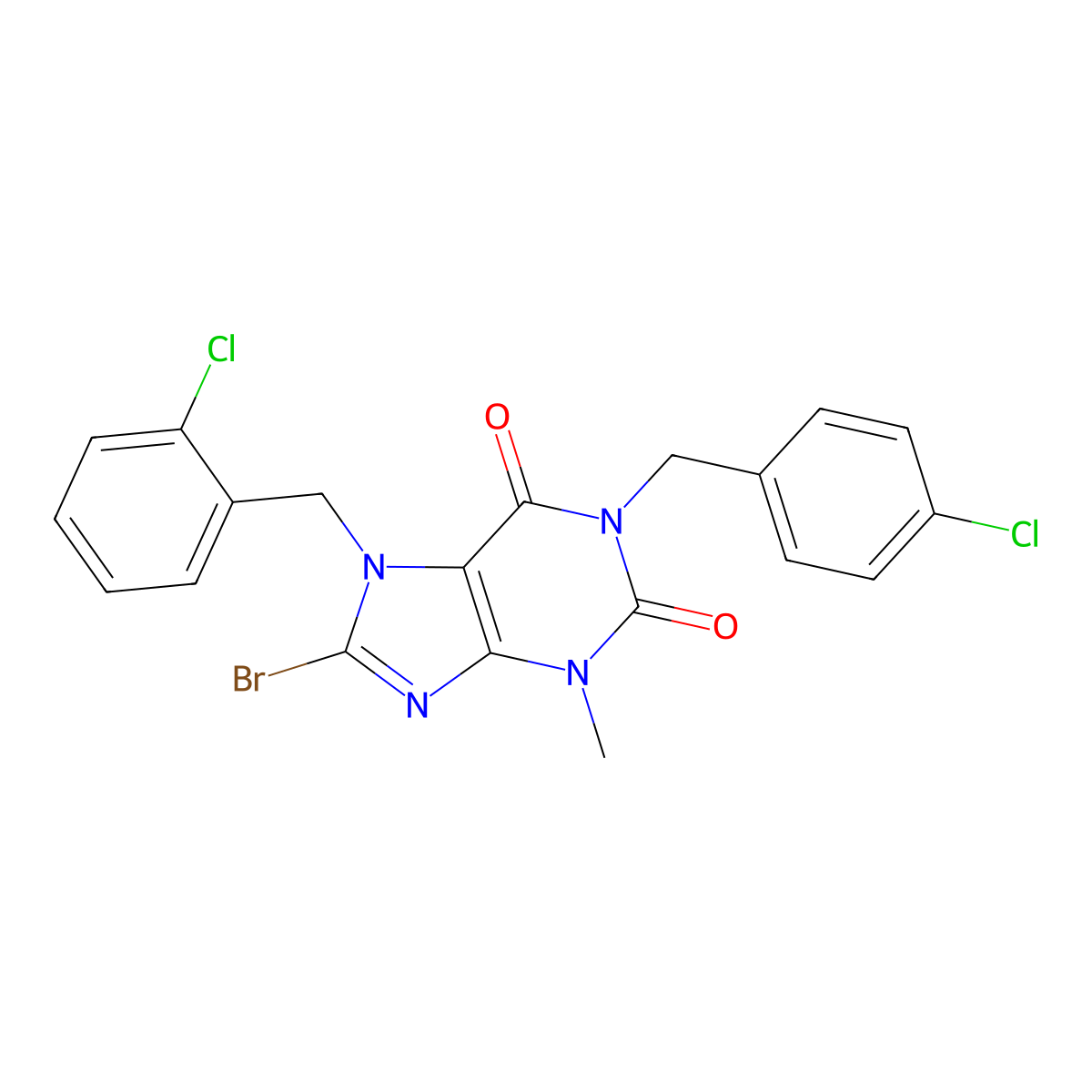 8-bromo-7-(2-chlorobenzyl)-1-(4-chlorobenzyl)-3-methyl-3,7-dihydro-1H-purine-2,6-dione molecular structure, CAS 303973-58-2