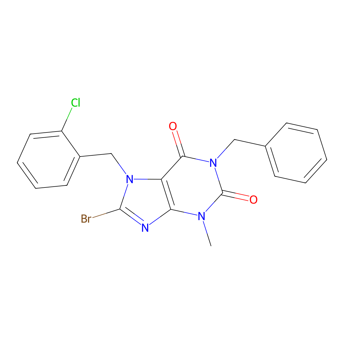 1-benzyl-8-bromo-7-(2-chlorobenzyl)-3-methyl-3,7-dihydro-1H-purine-2,6-dione molecular structure, CAS 303973-62-8