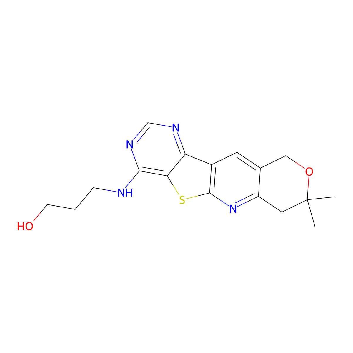 3-((8,8-dimethyl-8,10-dihydro-7H-pyrano[3'',4'':5',6']pyrido[3',2':4,5]thieno[3,2-d]pyrimidin-4-yl)amino)propan-1-ol molecular structure, CAS 303980-55-4