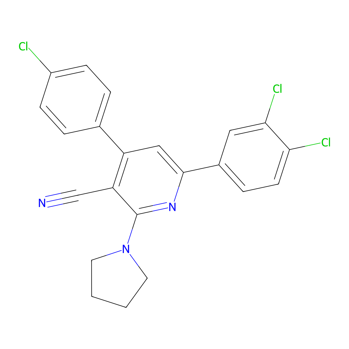 4-(4-Chlorophenyl)-6-(3,4-dichlorophenyl)-2-(1-pyrrolidinyl)nicotinonitrile molecular structure, CAS 303984-53-4
