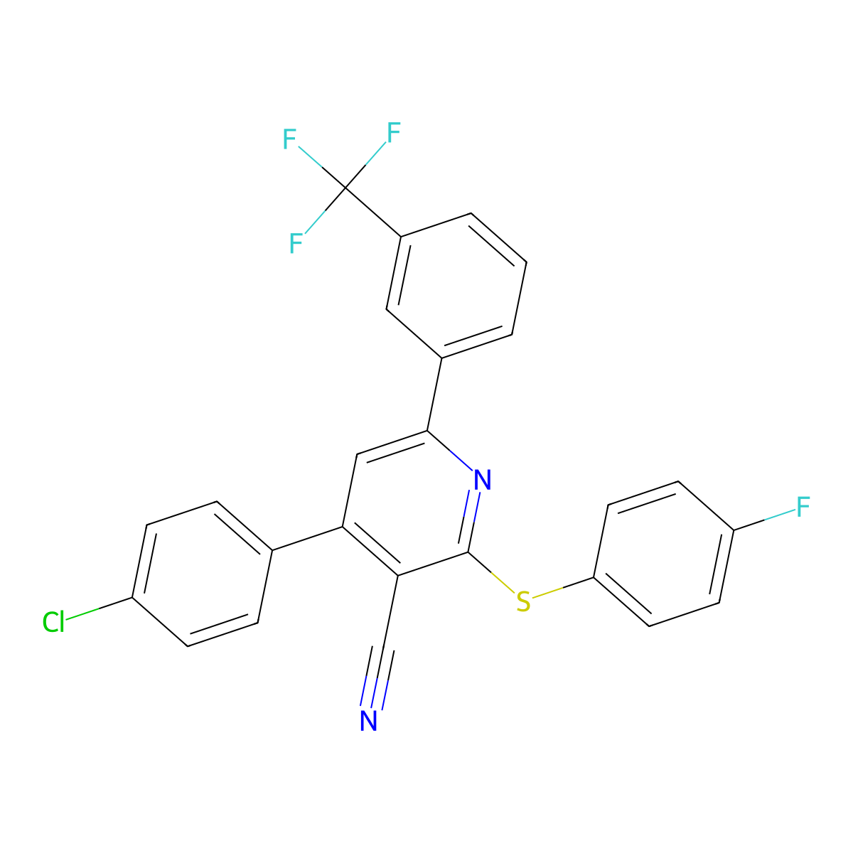 4-(4-Chlorophenyl)-2-[(4-fluorophenyl)sulfanyl]-6-[3-(trifluoromethyl)phenyl]nicotinonitrile molecular structure, CAS 303984-63-6