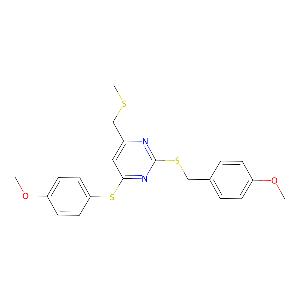 2-[(4-Methoxyphenyl)methylsulfanyl]-4-(4-methoxyphenyl)sulfanyl-6-(methylsulfanylmethyl)pyrimidine molecular structure, CAS 303984-97-6