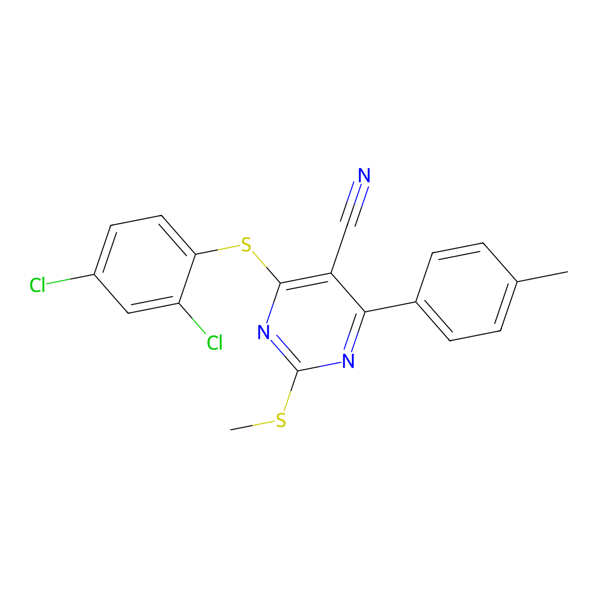 4-[(2,4-Dichlorophenyl)sulfanyl]-6-(4-methylphenyl)-2-(methylsulfanyl)-5-pyrimidinecarbonitrile molecular structure, CAS 303984-99-8