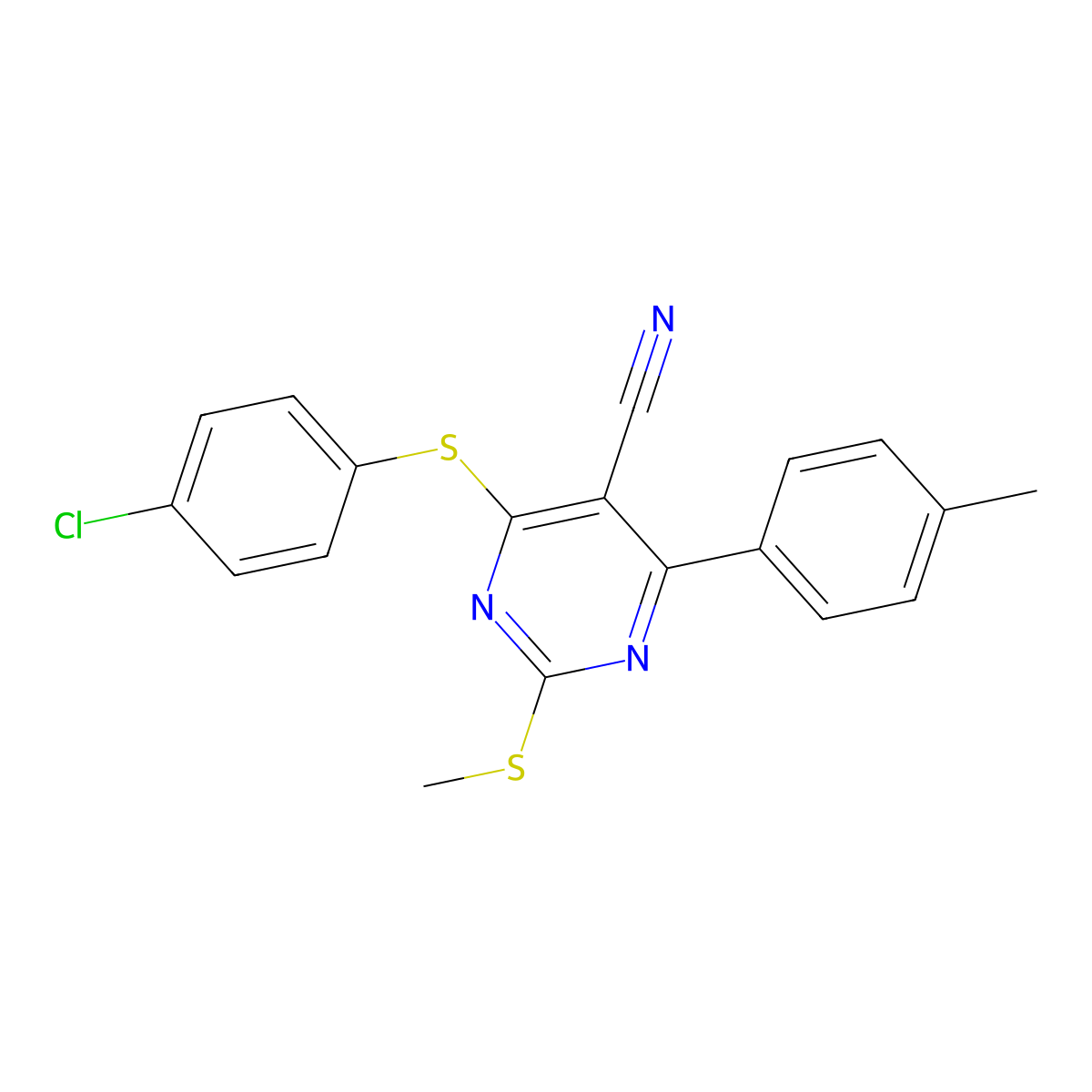 4-[(4-Chlorophenyl)sulfanyl]-6-(4-methylphenyl)-2-(methylsulfanyl)-5-pyrimidinecarbonitrile molecular structure, CAS 303985-00-4