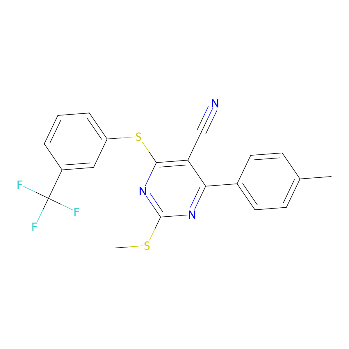 4-(4-Methylphenyl)-2-(methylsulfanyl)-6-{[3-(trifluoromethyl)phenyl]sulfanyl}-5-pyrimidinecarbonitrile molecular structure, CAS 303985-01-5