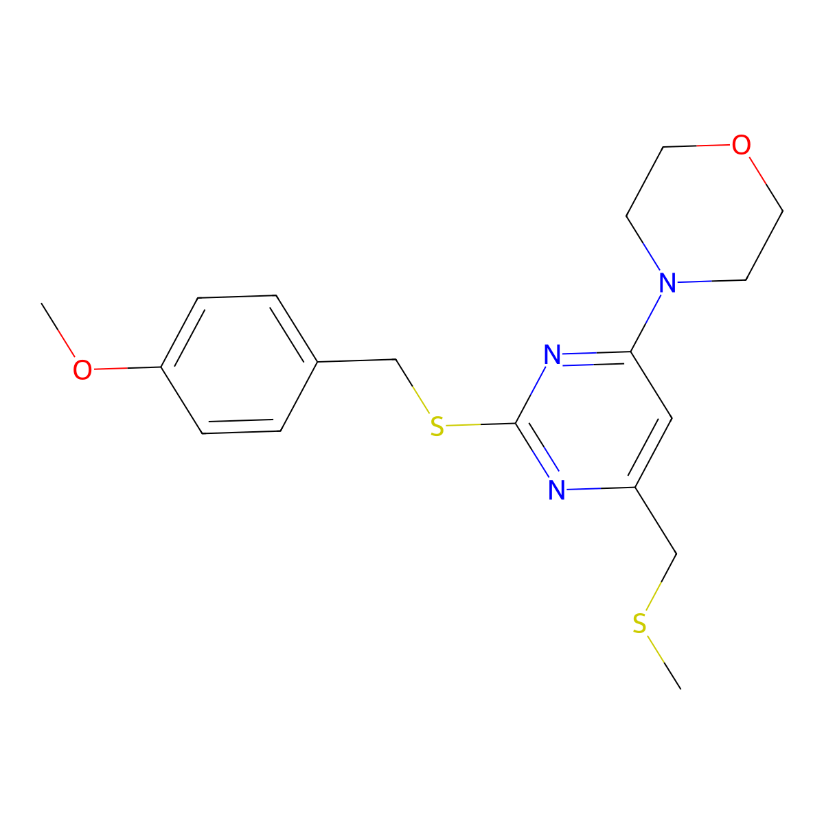4-{2-[(4-Methoxybenzyl)sulfanyl]-6-[(methylsulfanyl)methyl]-4-pyrimidinyl}morpholine molecular structure, CAS 303985-02-6