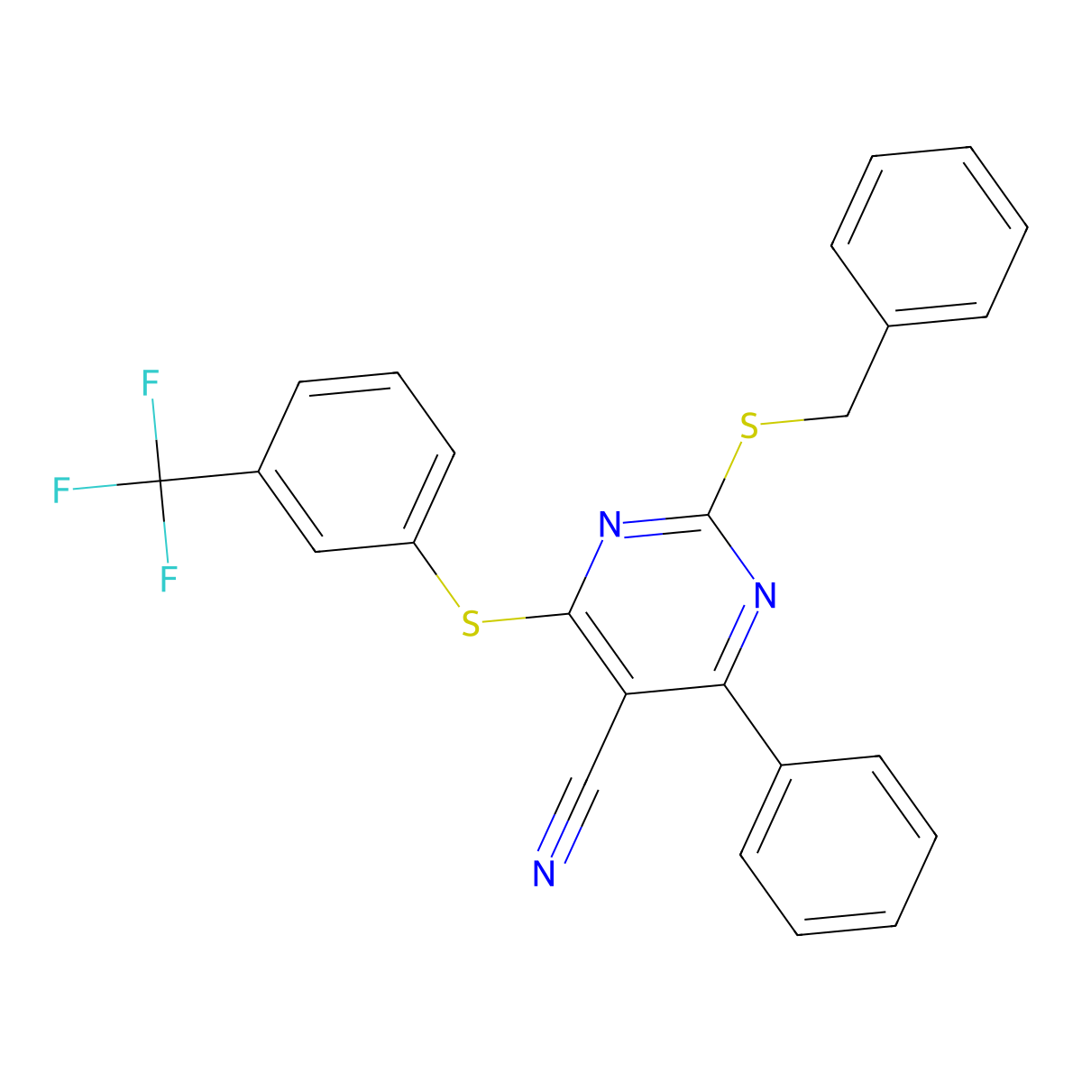 2-(Benzylsulfanyl)-4-phenyl-6-{[3-(trifluoromethyl)phenyl]sulfanyl}-5-pyrimidinecarbonitrile molecular structure, CAS 303985-07-1