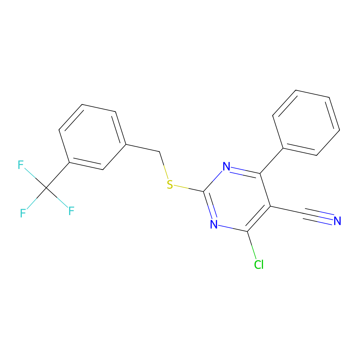 4-Chloro-6-phenyl-2-{[3-(trifluoromethyl)benzyl]sulfanyl}-5-pyrimidinecarbonitrile molecular structure, CAS 303985-09-3