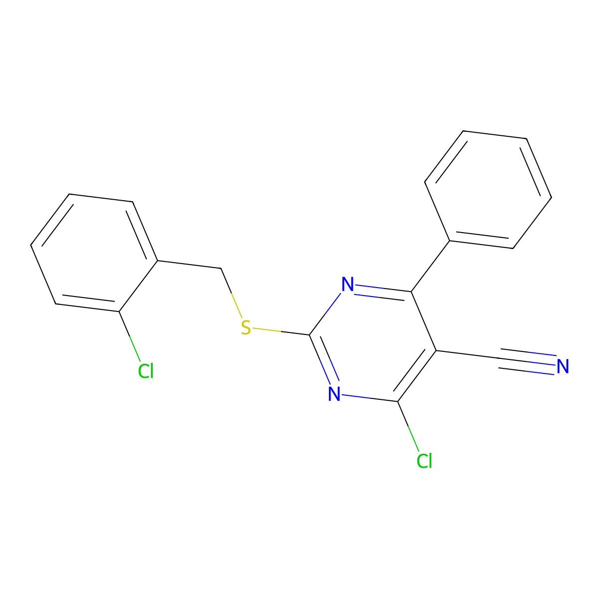 4-Chloro-2-[(2-chlorobenzyl)sulfanyl]-6-phenyl-5-pyrimidinecarbonitrile molecular structure, CAS 303985-10-6