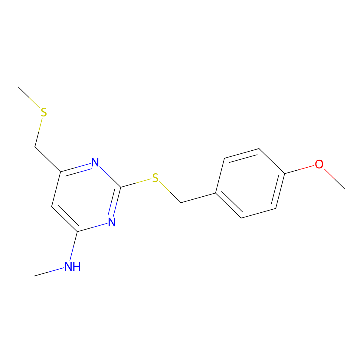 N-{2-[(4-methoxybenzyl)sulfanyl]-6-[(methylsulfanyl)methyl]-4-pyrimidinyl}-N-methylamine molecular structure, CAS 303985-38-8