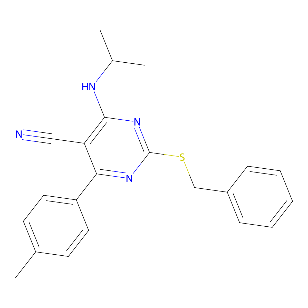 2-(Benzylsulfanyl)-4-(isopropylamino)-6-(4-methylphenyl)-5-pyrimidinecarbonitrile molecular structure, CAS 303985-60-6