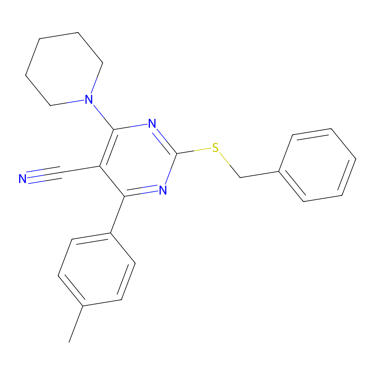 2-(Benzylsulfanyl)-4-(4-methylphenyl)-6-piperidino-5-pyrimidinecarbonitrile molecular structure, CAS 303985-62-8