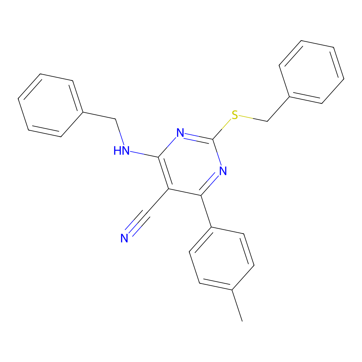 4-(Benzylamino)-2-benzylsulfanyl-6-(4-methylphenyl)pyrimidine-5-carbonitrile molecular structure, CAS 303985-64-0