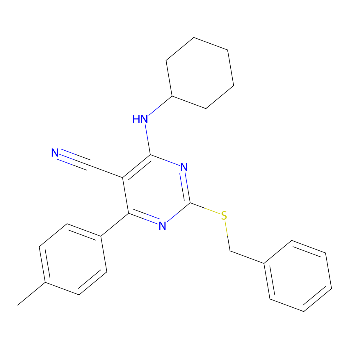 2-(Benzylsulfanyl)-4-(cyclohexylamino)-6-(4-methylphenyl)-5-pyrimidinecarbonitrile molecular structure, CAS 303985-65-1
