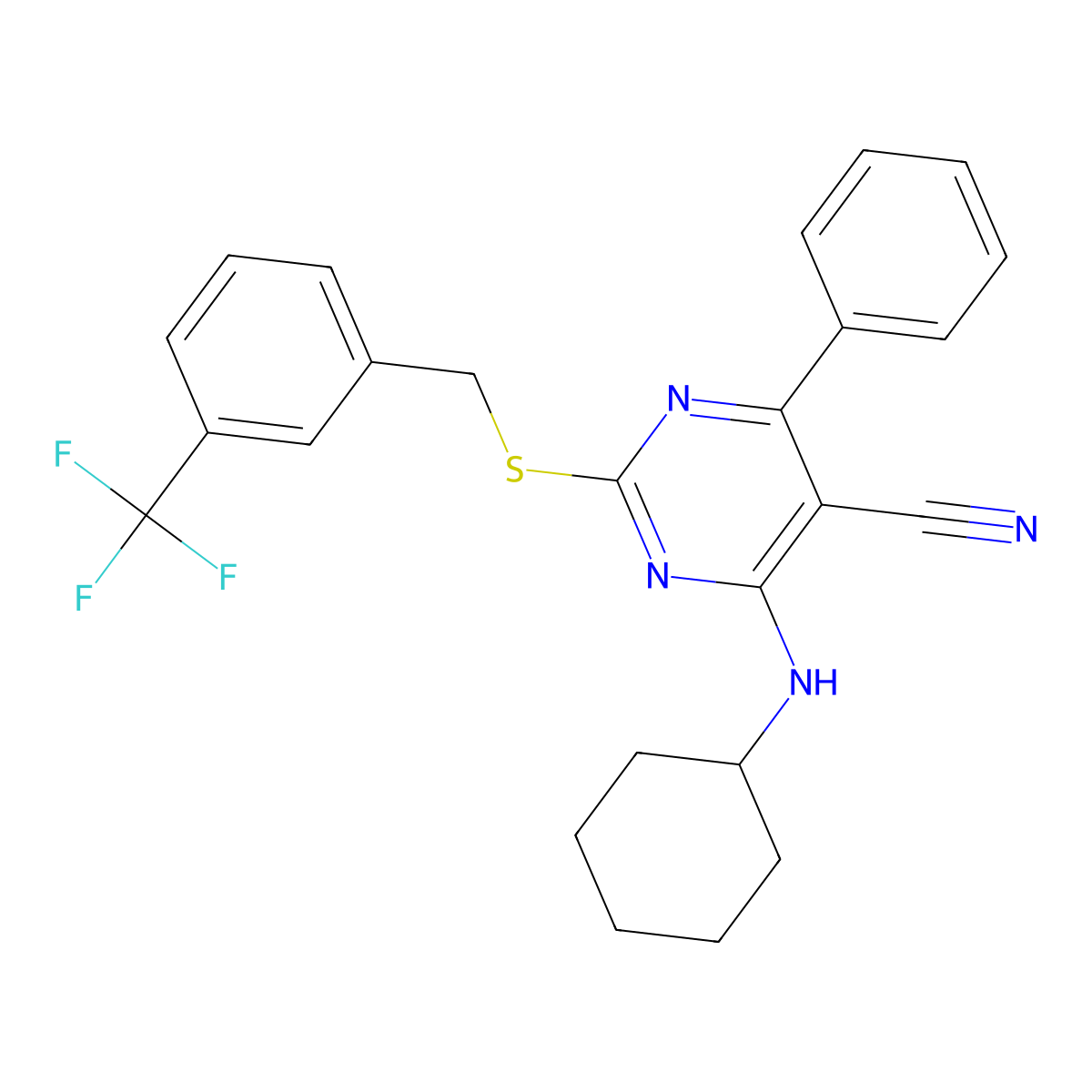 4-(Cyclohexylamino)-6-phenyl-2-{[3-(trifluoromethyl)benzyl]sulfanyl}-5-pyrimidinecarbonitrile molecular structure, CAS 303985-68-4