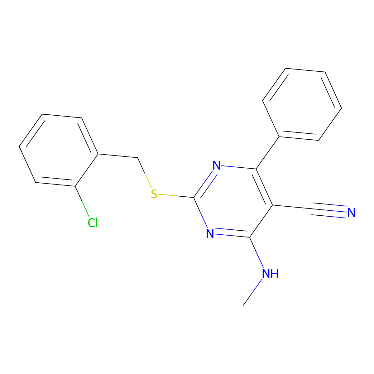 2-[(2-Chlorobenzyl)sulfanyl]-4-(methylamino)-6-phenyl-5-pyrimidinecarbonitrile molecular structure, CAS 303985-71-9
