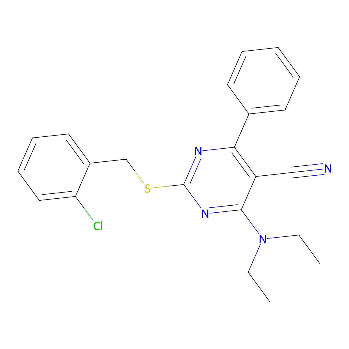 2-[(2-Chlorobenzyl)sulfanyl]-4-(diethylamino)-6-phenyl-5-pyrimidinecarbonitrile molecular structure, CAS 303985-73-1