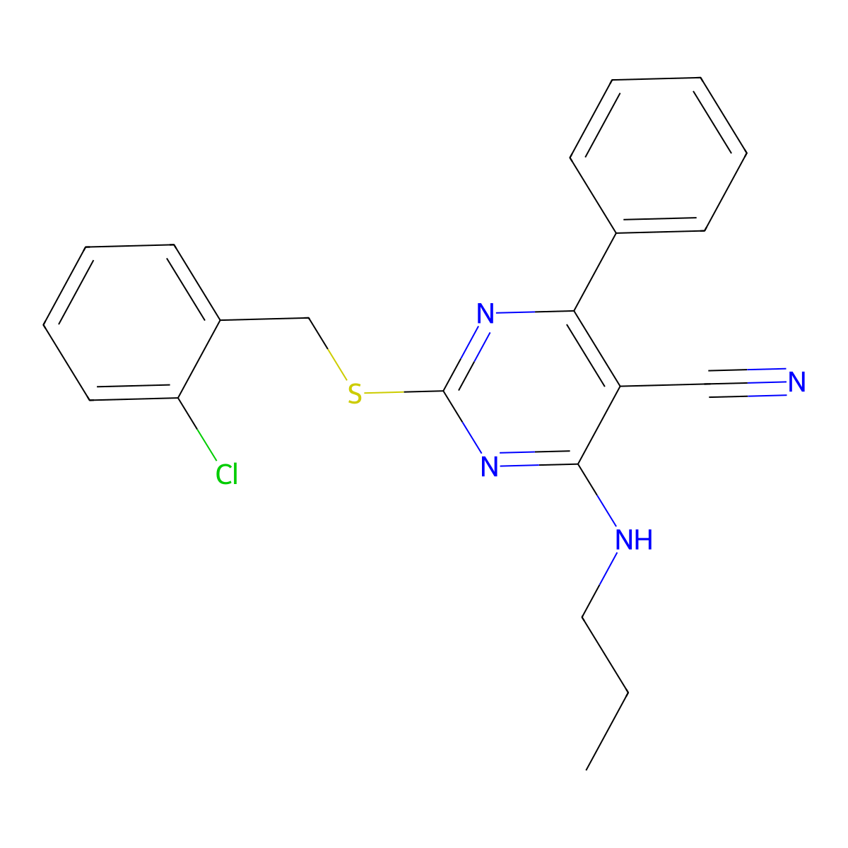 2-[(2-Chlorobenzyl)sulfanyl]-4-phenyl-6-(propylamino)-5-pyrimidinecarbonitrile molecular structure, CAS 303985-74-2