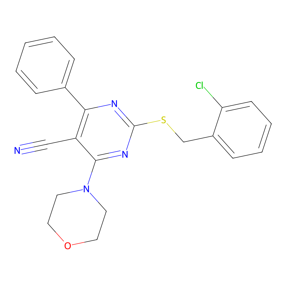 2-[(2-Chlorobenzyl)sulfanyl]-4-morpholino-6-phenyl-5-pyrimidinecarbonitrile molecular structure, CAS 303985-75-3