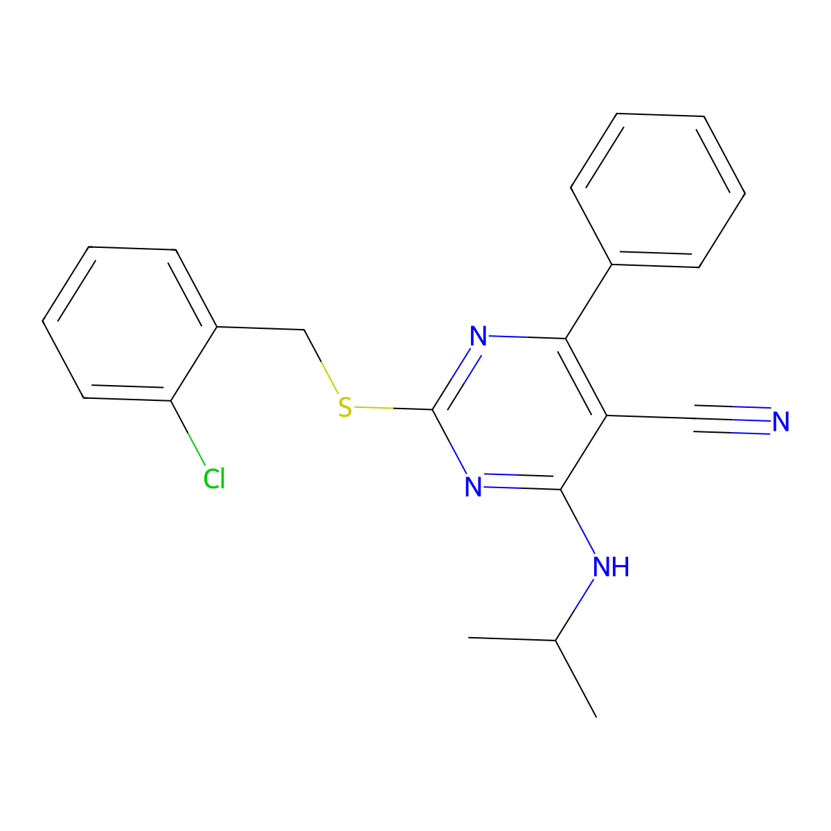 2-[(2-Chlorobenzyl)sulfanyl]-4-(isopropylamino)-6-phenyl-5-pyrimidinecarbonitrile molecular structure, CAS 303985-76-4