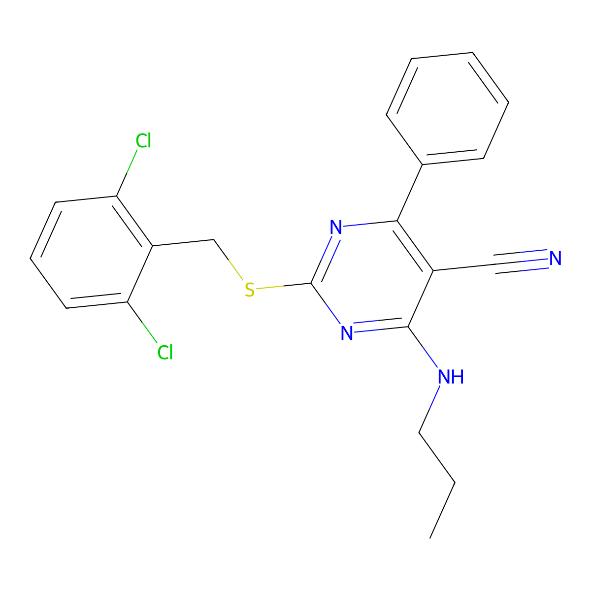 2-[(2,6-Dichlorobenzyl)sulfanyl]-4-phenyl-6-(propylamino)-5-pyrimidinecarbonitrile molecular structure, CAS 303985-78-6