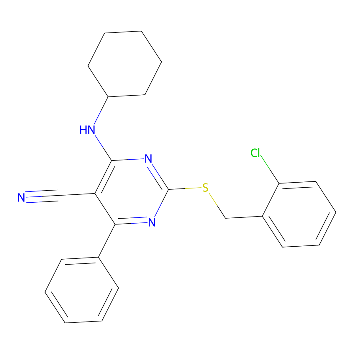 2-[(2-Chlorobenzyl)sulfanyl]-4-(cyclohexylamino)-6-phenyl-5-pyrimidinecarbonitrile molecular structure, CAS 303985-80-0