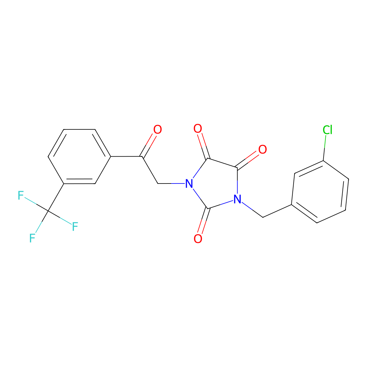1-[(3-Chlorophenyl)methyl]-3-{2-oxo-2-[3-(trifluoromethyl)phenyl]ethyl}imidazolidine-2,4,5-trione molecular structure, CAS 303986-34-7