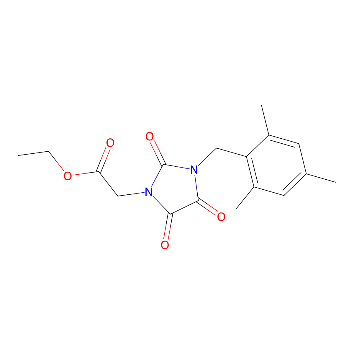 Ethyl 2-[3-(mesitylmethyl)-2,4,5-trioxo-1-imidazolidinyl]acetate molecular structure, CAS 303986-40-5