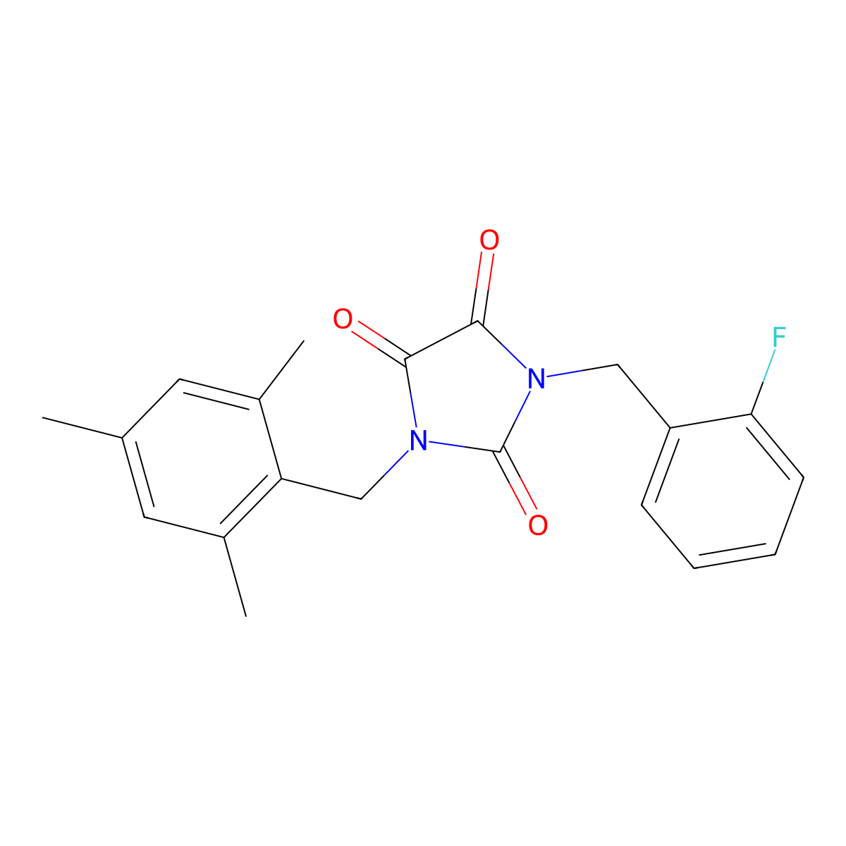 1-(2-fluorobenzyl)-3-(mesitylmethyl)-1H-imidazole-2,4,5(3H)-trione molecular structure, CAS 303986-41-6