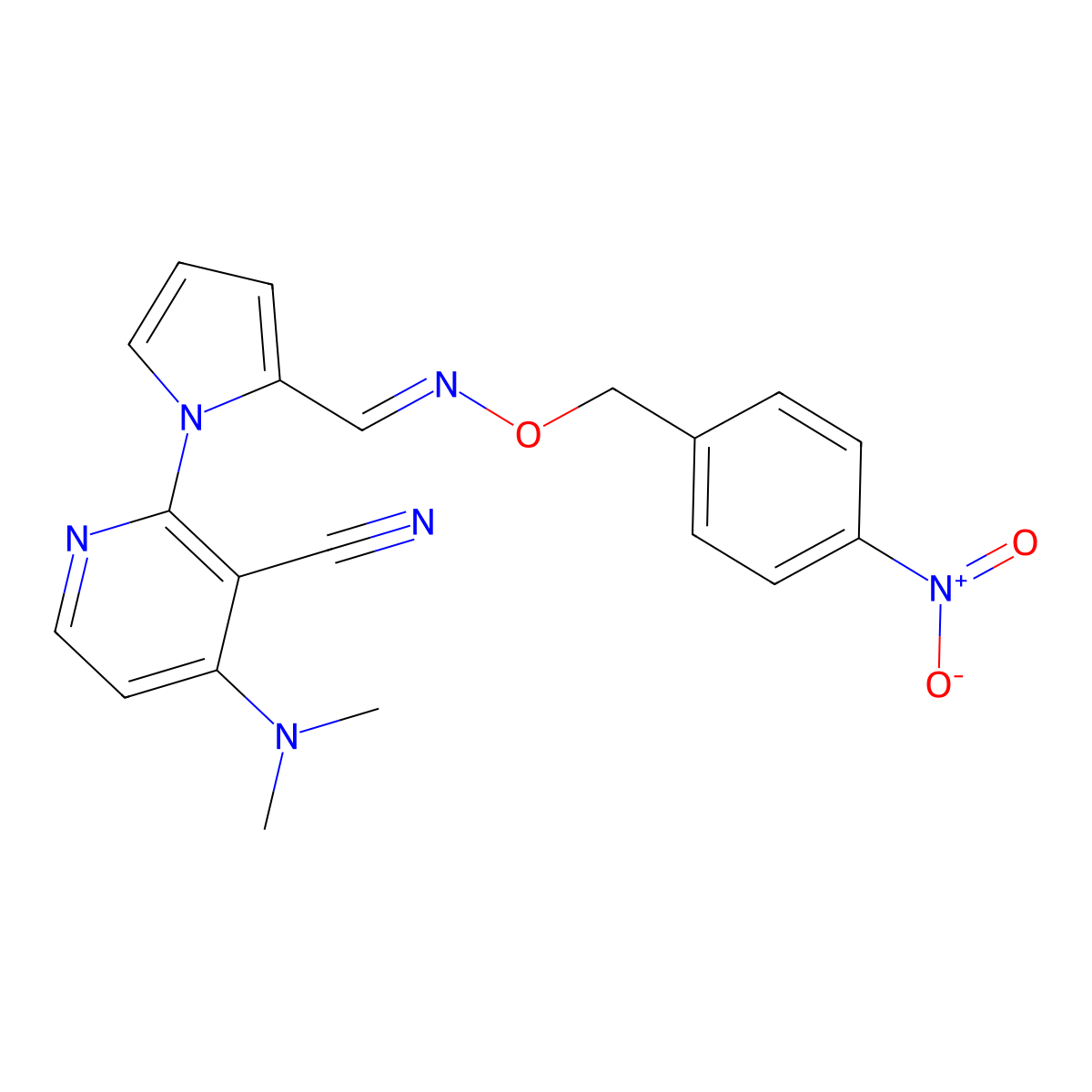 4-(dimethylamino)-2-[2-({[(4-nitrobenzyl)oxy]imino}methyl)-1H-pyrrol-1-yl]nicotinonitrile molecular structure, CAS 303986-42-7
