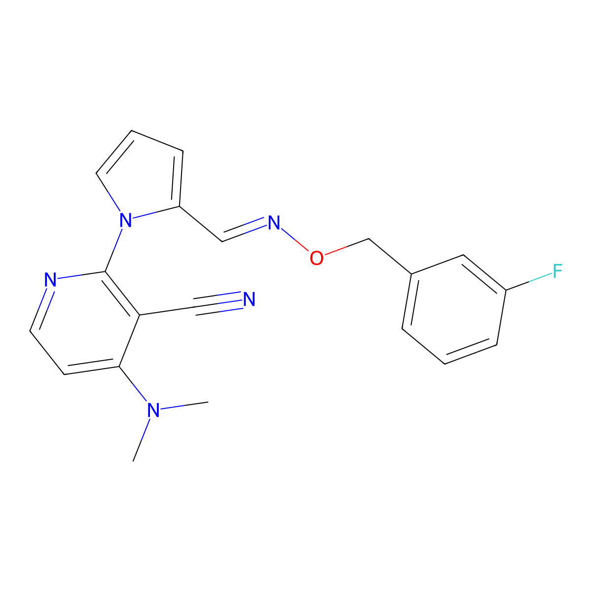 4-(dimethylamino)-2-[2-({[(3-fluorobenzyl)oxy]imino}methyl)-1H-pyrrol-1-yl]nicotinonitrile molecular structure, CAS 303986-43-8