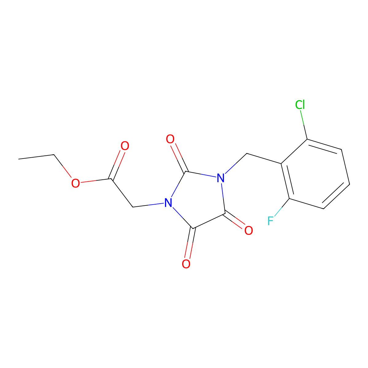 Ethyl 2-[3-(2-chloro-6-fluorobenzyl)-2,4,5-trioxo-1-imidazolidinyl]acetate molecular structure, CAS 303986-51-8