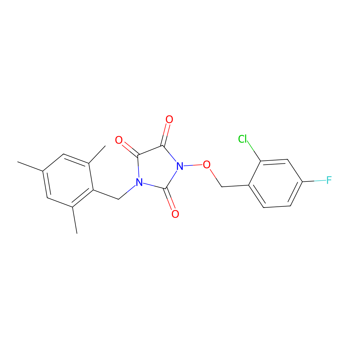1-[(2-Chloro-4-fluorophenyl)methoxy]-3-[(2,4,6-trimethylphenyl)methyl]imidazolidine-2,4,5-trione molecular structure, CAS 303986-56-3