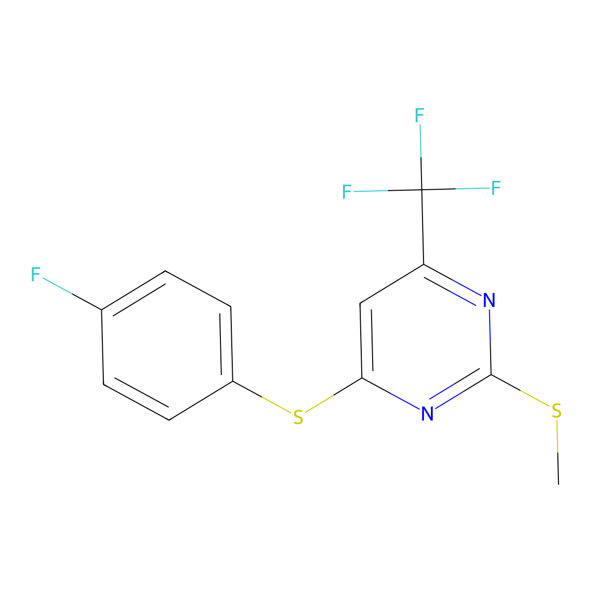 4-Fluorophenyl 2-(methylsulfanyl)-6-(trifluoromethyl)-4-pyrimidinyl sulfide molecular structure, CAS 303988-10-5