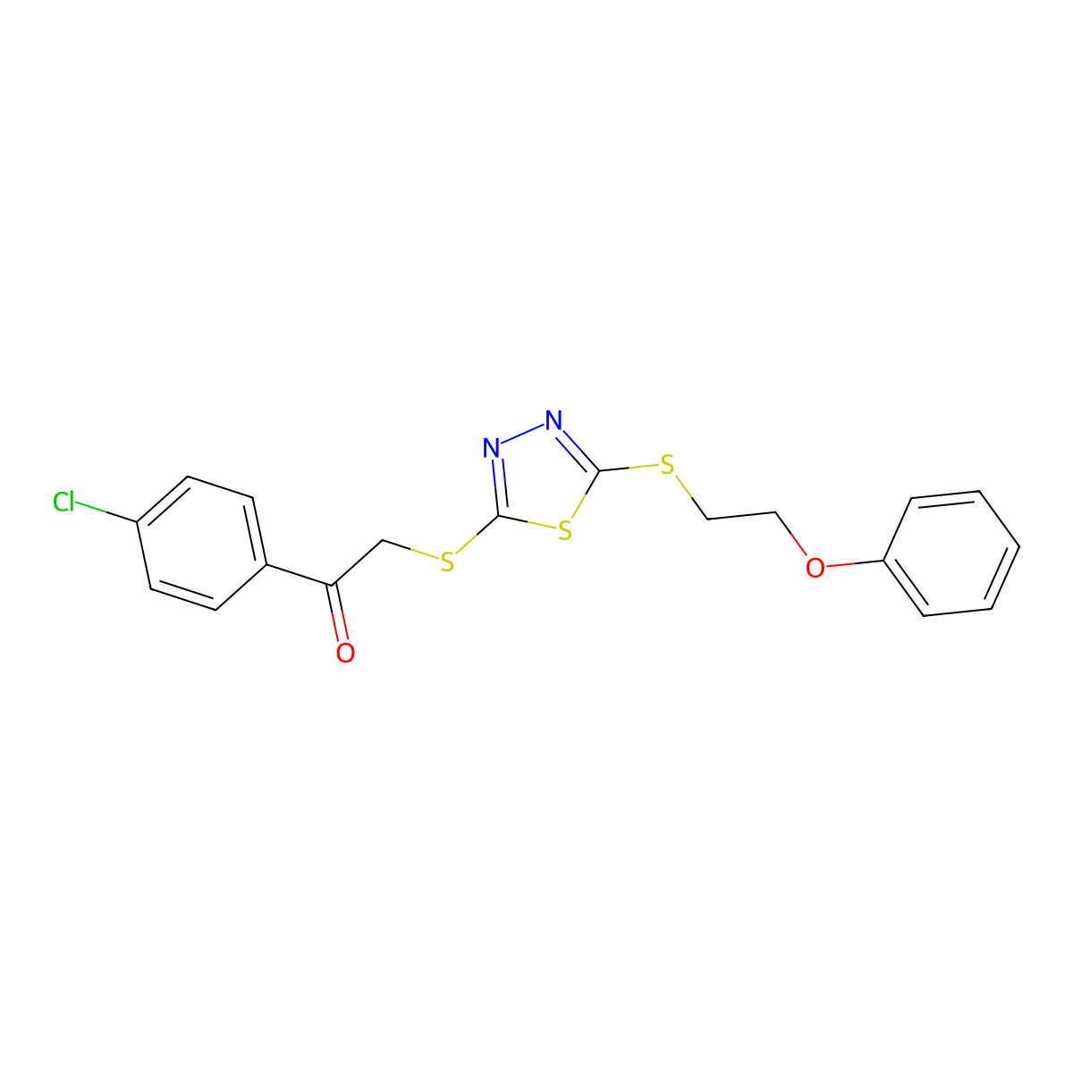 1-(4-Chlorophenyl)-2-[[5-(2-phenoxyethylsulfanyl)-1,3,4-thiadiazol-2-yl]sulfanyl]ethanone molecular structure, CAS 303988-42-3