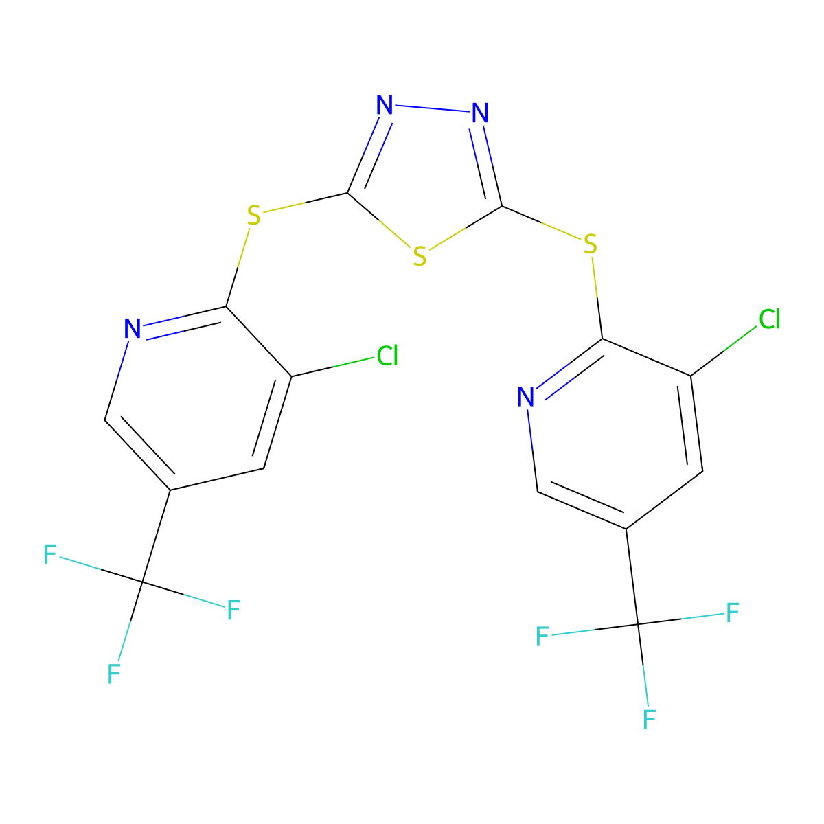 2,5-Bis[[3-chloro-5-(trifluoromethyl)pyridin-2-yl]sulfanyl]-1,3,4-thiadiazole molecular structure, CAS 303994-41-4