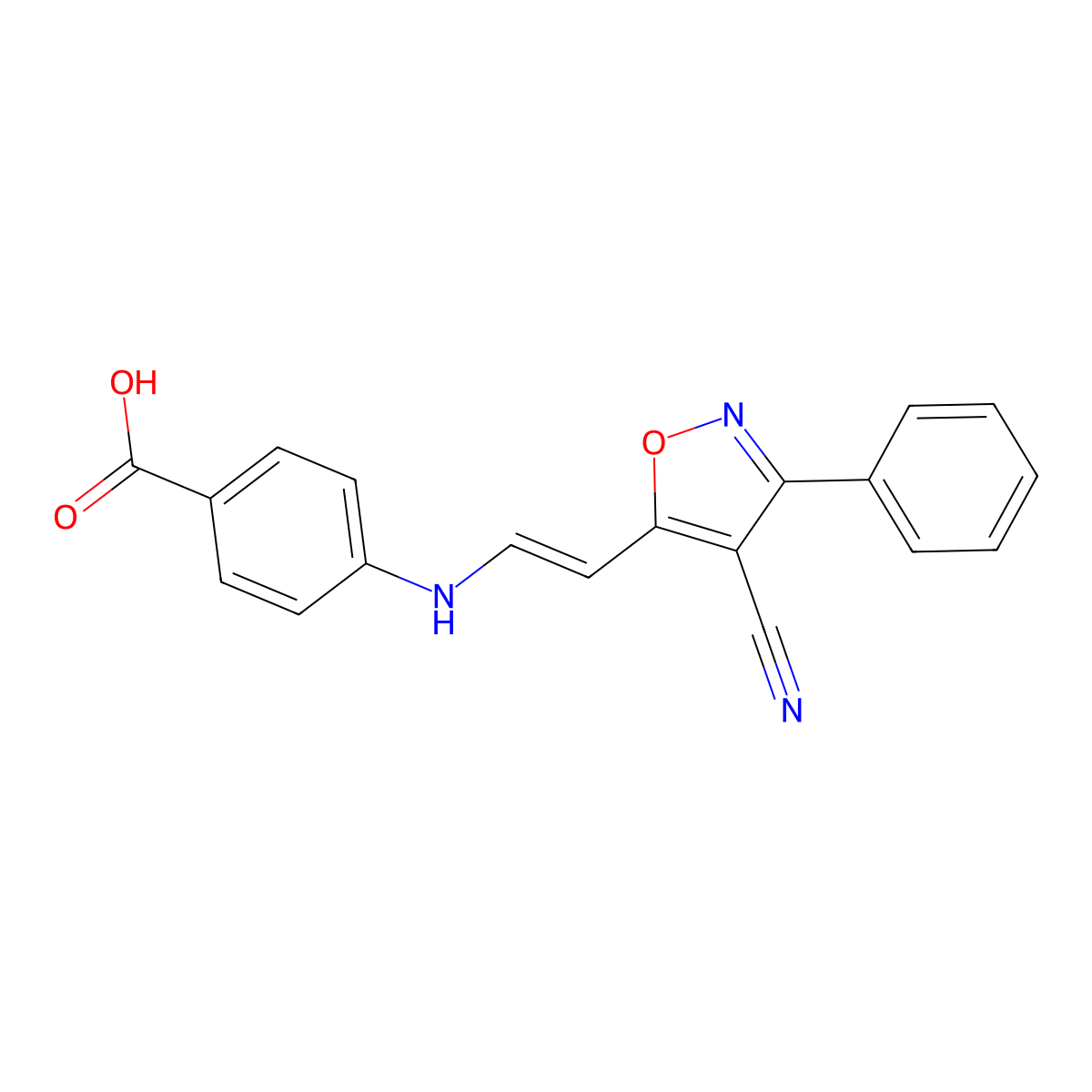 4-{[2-(4-Cyano-3-phenyl-5-isoxazolyl)vinyl]amino}benzenecarboxylic acid molecular structure, CAS 303995-75-7