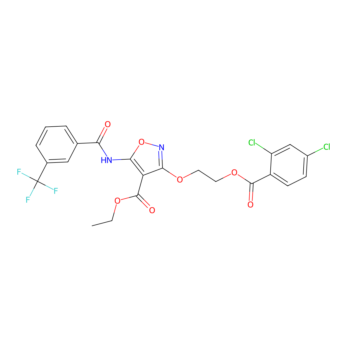 Ethyl 3-{2-[(2,4-dichlorobenzoyl)oxy]ethoxy}-5-{[3-(trifluoromethyl)benzoyl]amino}-4-isoxazolecarboxylate molecular structure, CAS 303997-13-9
