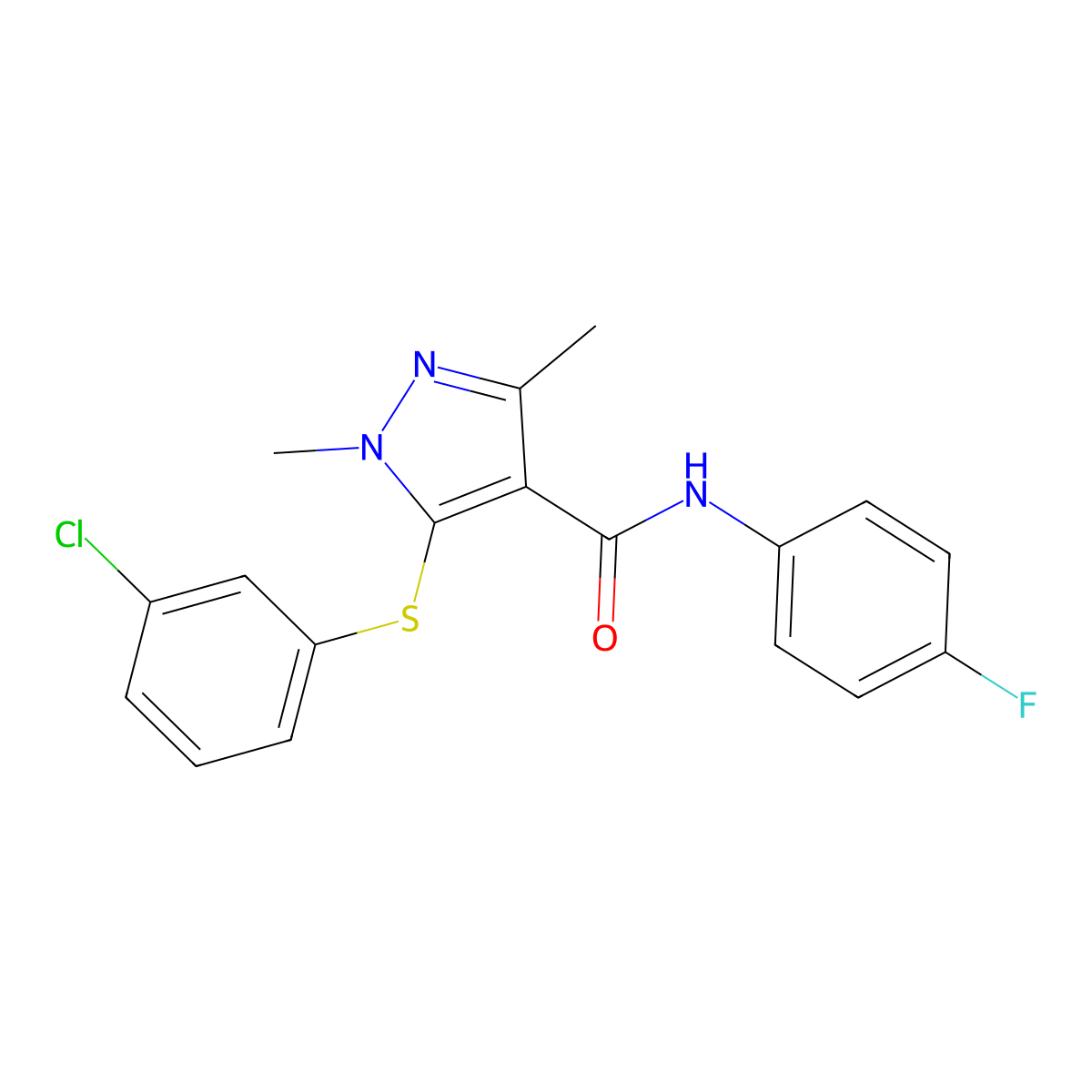 5-[(3-chlorophenyl)sulfanyl]-N-(4-fluorophenyl)-1,3-dimethyl-1H-pyrazole-4-carboxamide molecular structure, CAS 303998-08-5