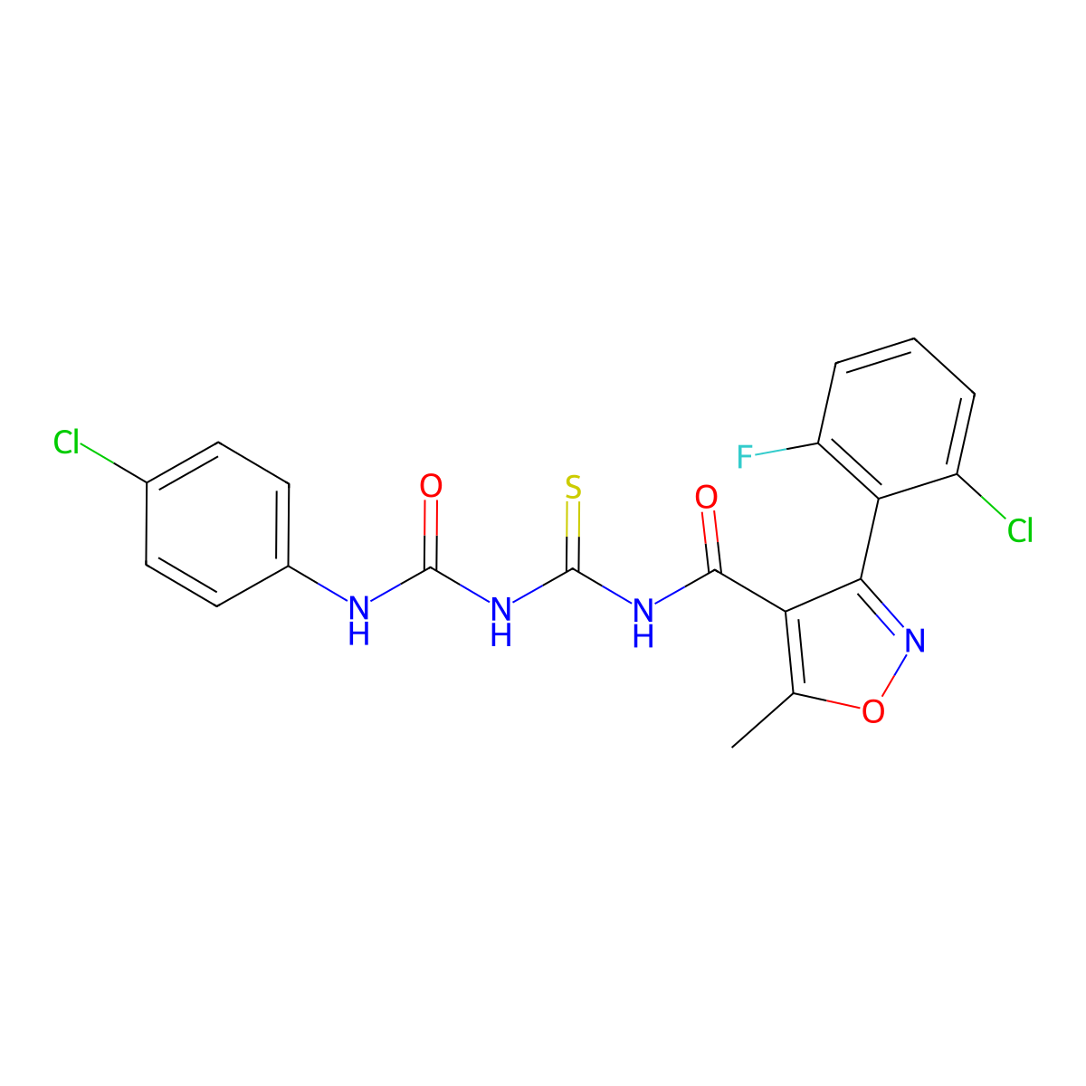 3-(2-chloro-6-fluorophenyl)-N-[(4-chlorophenyl)carbamoylcarbamothioyl]-5-methyl-1,2-oxazole-4-carboxamide molecular structure, CAS 303998-81-4
