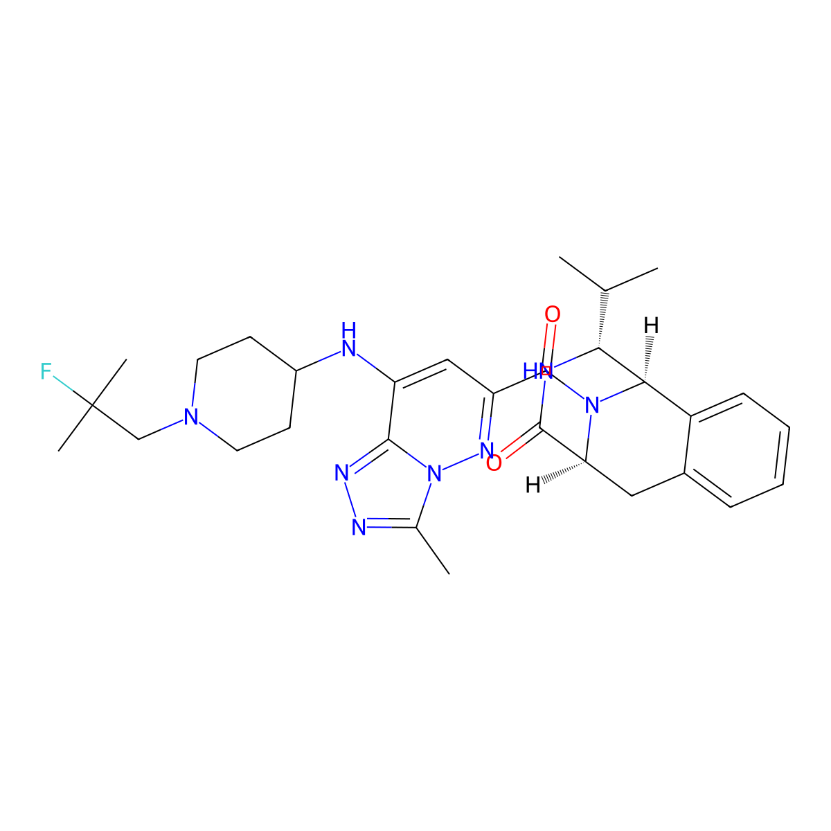 (1R,9S,12R)-13-[8-[[1-(2-fluoro-2-methylpropyl)piperidin-4-yl]amino]-3-methyl-[1,2,4]triazolo[4,3-b]pyridazine-6-carbonyl]-12-propan-2-yl-11,13-diazatricyclo[7.3.1.02,7]trideca-2,4,6-trien-10-one molecular structure, CAS 3040082-19-4